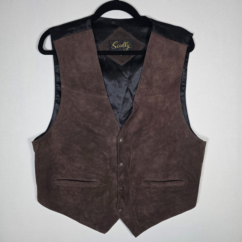 Westerncore Vintage Scully Mens L Brown Suede Leather Cowboy Vest Satin Trim